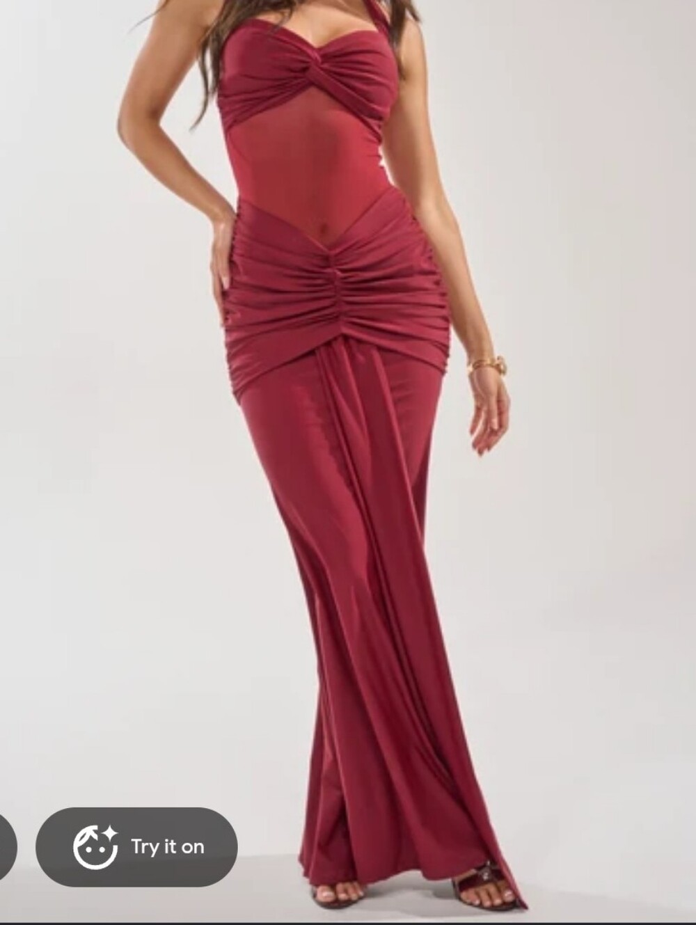 Sweetheart Neck Halter Ruched Maxi Dress Size Medium Stretchy  Wine Burgundy